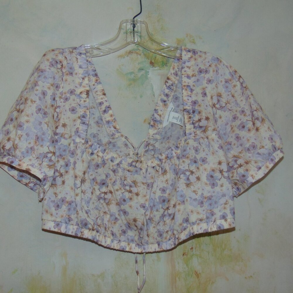 H&M LINEN Blend Cropped Watercolor Floral Blouse Top Prairie Corset Back Violet - Picture 9 of 10
